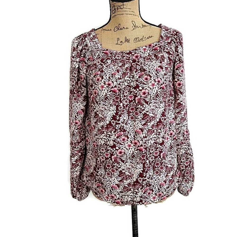 LC Lauren Conrad Floral Peasant Blouse Burgundy Boho Long Slv Square Neck sz XS